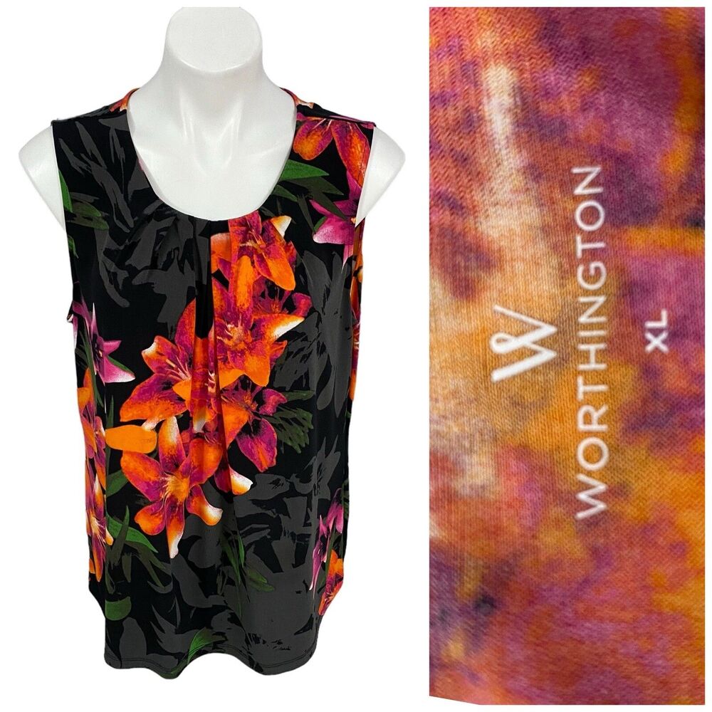 Worthington Top Womens XL Tropical Hawaiian Shirt Work Office Sleeveless Blouse